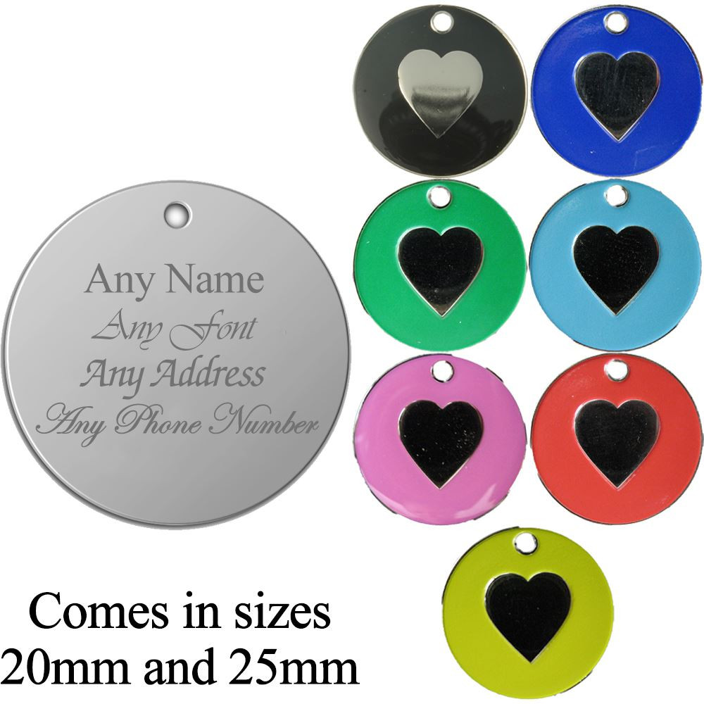 Personalised Engraved Round Enamel Pet Tag with Heart, Sizes 20mm and 25mm, Different Colours Available, Perfect for Any Pet