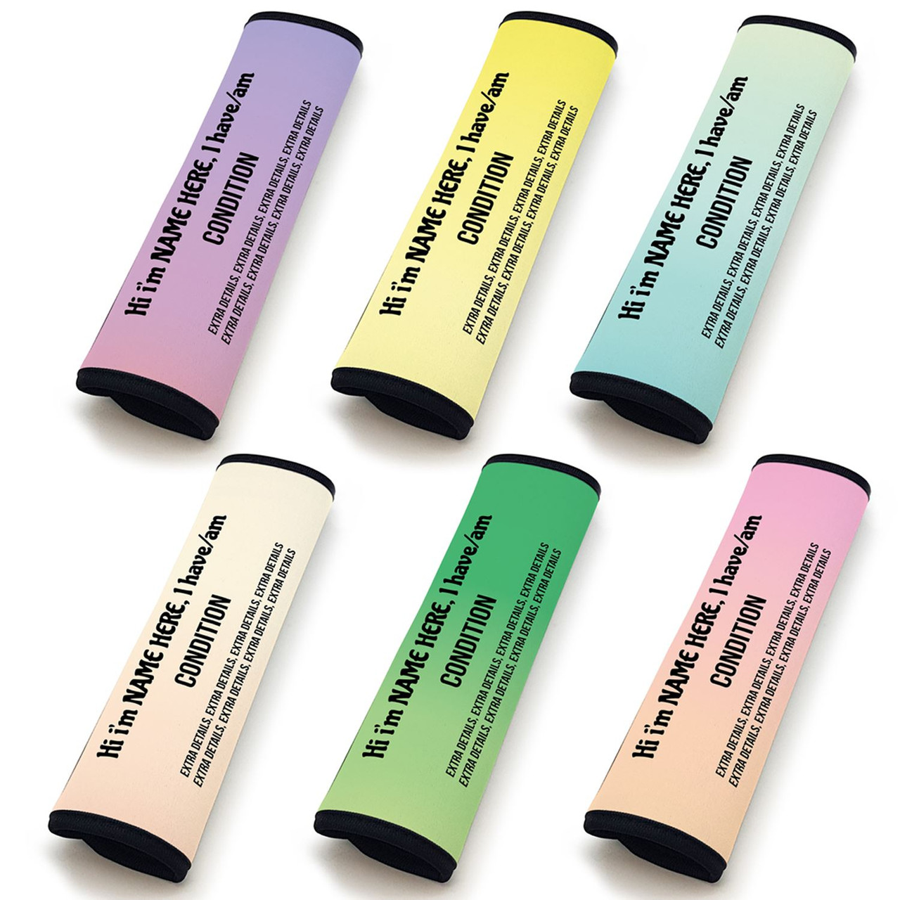 Personalised Seat Belt cover for medical conditions - Vertical text, pastel colour background