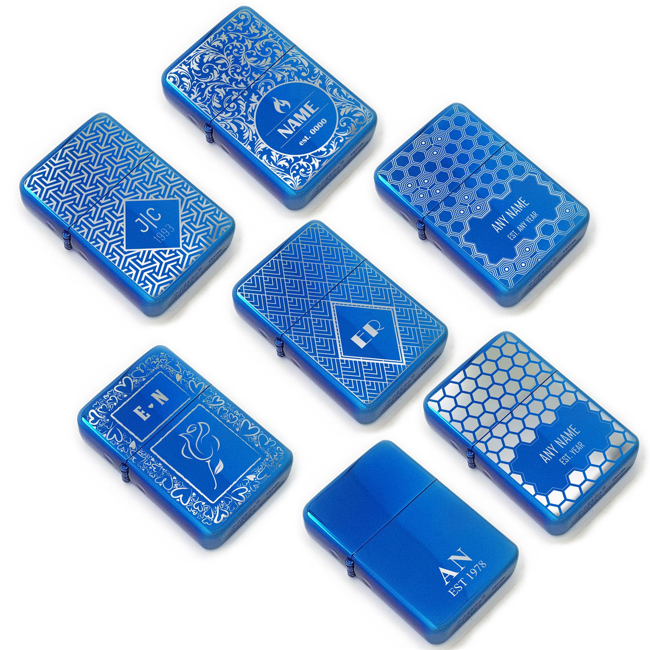 Personalised blue lighters with pattern designs, gift box