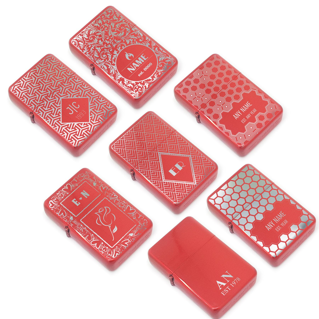 Personalised red lighters with pattern designs, gift box