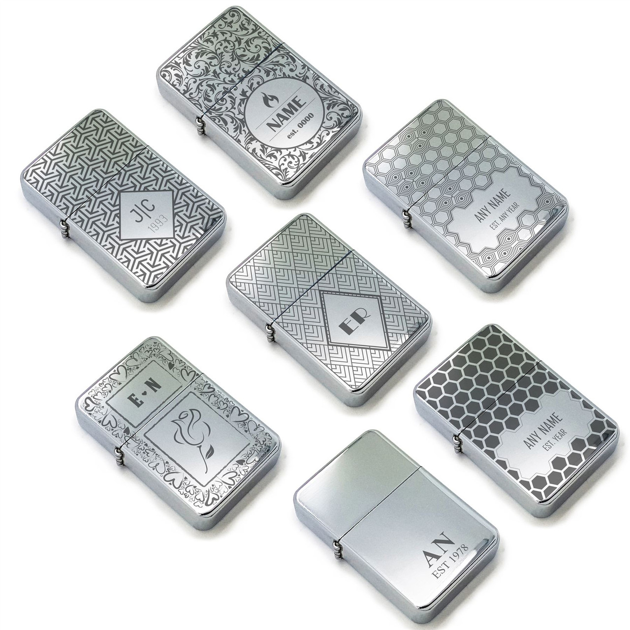 Personalised polished steel Lighters with Pattern Designs, gift box