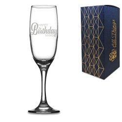 Engraved Champagne Flute with Happy Birthday Name Design