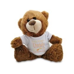 Dark Brown Teddy Bear Toy with T-shirt with Newborn Baby Design in Orange