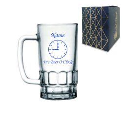 Personalised Glass Tankard, with beer o'clock design