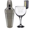 Engraved Cocktail Shaker with Strainer and Gin Balloon Glass