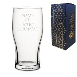 Engraved "Name of House Surname" Novelty Pint Glass With Gift Box