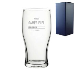 Engraved Pint Glass Name's Gamer Fuel Design, Gift Boxed, Personalise with any name for any gamer