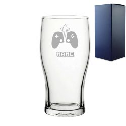 Personalised Engraved Pint Glass with Gaming Controller Name Design, Gift Boxed.