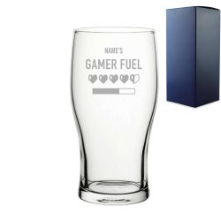 Engraved Pint Glass with Name's Gamer Fuel Hearts Design, Gift Boxed, Personalise with any name for any gamer