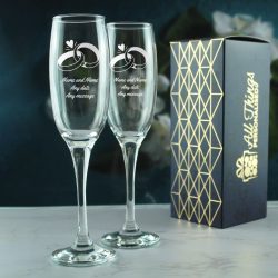 Personalised Engraved Wedding Champagne Glass Set with Any Message, Any Date, Rings