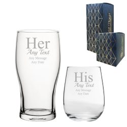 Engraved His and Hers Any Text Beer and Stemless Wine Glass Set