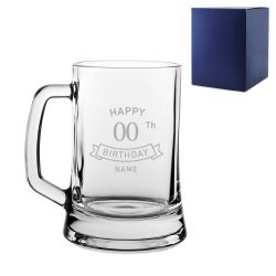 Engraved  Tankard Beer Mug Stein Happy 20,30,40,50... Birthday Banner Design Gift Boxed