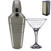 Engraved Cocktail Shaker with Strainer and Martini Glass