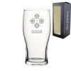 Engraved Pint Glass with Play Controller Button Design, Gift Boxed, Personalise with any name for any gamer
