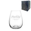 Engraved Happy Anniversary Stemless Wine Glass, Any Message, 15oz Bordeaux, Script Design