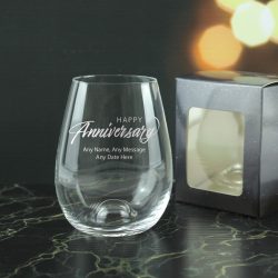 Engraved Happy Anniversary Stemless Wine Glass, Any Message, 15oz Bordeaux, Script Design