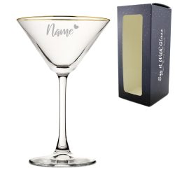 Engraved Gold Rim Martini Cocktail Glass with Name with Heart Design, Personalise with Any Name