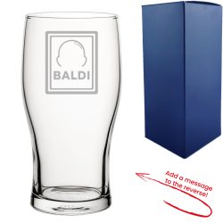 Engraved Pint Glass with Baldi Design, Add a Personalised Message to the Reverse