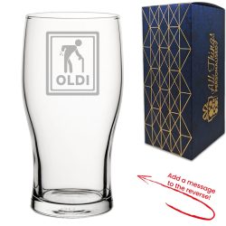Engraved Pint Glass with Oldi Design, Add a Personalised Message to the Reverse