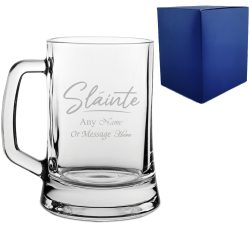 Engraved Beer Tankard with Slainte Script Design, Add a Personalised Message to the Reverse