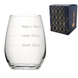 Personalised Engraved Stemless Amber Wine Glass with Name's Glass Handwritten Measurements Design, Customise with Any Name
