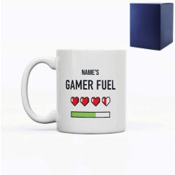 Printed Mug with Name's Gamer Fuel Hearts Design, Gift Boxed, Personalise with any name for any gamer