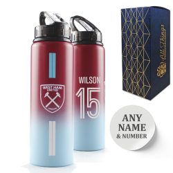 Official Printed Metal West Ham Bottle, Personalise Any Number, Gift Boxed, Striped Design