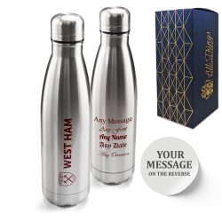 Official Printed West Ham Thermal Bottle Silver, Personalise Any Message, Gift Boxed