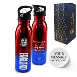 Official Printed England Metallic Water Bottle, Personalise Any Message, Gift Boxed