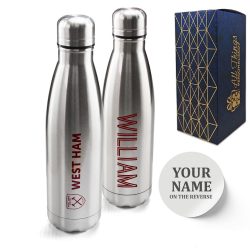 Official Printed West Ham Thermal Bottle Silver, Personalise Any Name, Gift Boxed