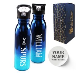 Official Printed Tottenham Metallic Water Bottle, Personalise Any Name, Gift Boxed