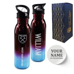 Official Printed West Ham Metallic Water Bottle, Personalise Any Name, Gift Boxed
