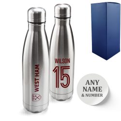 Official Printed West Ham Thermal Bottle Silver, Personalise Name and Number, Gift Boxed