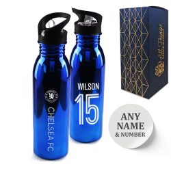 Official Printed Chelsea Metallic Water Bottle, Personalise Name and Number, Gift Boxed
