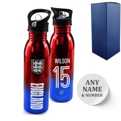 Official Printed England Metallic Water Bottle, Personalise Name and Number, Gift Boxed