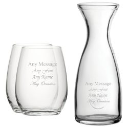 Personalised Engraved Set of 2 Stemless Wine Glass and 1 Litre Carafe Set