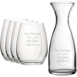 Personalised Engraved Set of 4 Stemless Wine Glass and 1 Litre Carafe Set