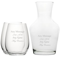 Personalised Engraved Set of 2 Stemless Wine Glass and 1 Litre Vin Carafe Set