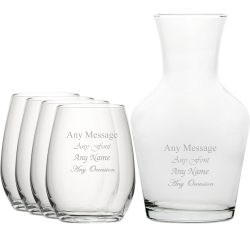 Personalised Engraved Set of 4 Stemless Wine Glass and 1 Litre Vin Carafe Set