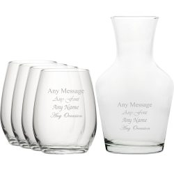 Personalised Engraved Set of 4 Stemless Wine Glass and 500ml Vin Carafe Set