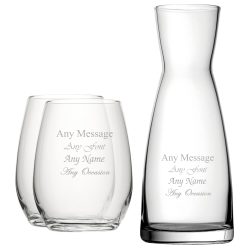 Personalised Engraved Set of 2 Stemless Wine Glass and Contemporary Carafe Set