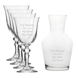 Personalised Engraved Set of 4 Crystal Jasmine Wine Glass and 500ml Vin Carafe Set