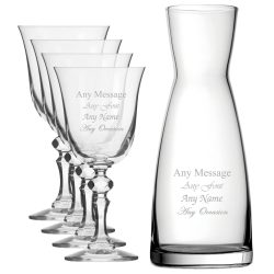 Personalised Engraved Set of 4 Crystal Jasmine Wine Glass and Contemporary Carafe Set