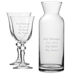 Personalised Engraved Set of 2 Crystal Jasmine Wine Glass and Village Carafe Set