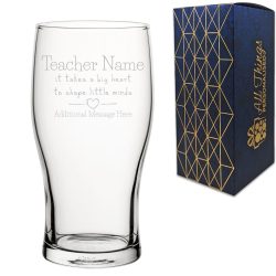 Engraved Teacher Pint Glass with A Big Heart shapes Little Minds Design