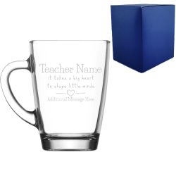 Engraved Glass Mug with A Big Heart shapes Little Minds Design