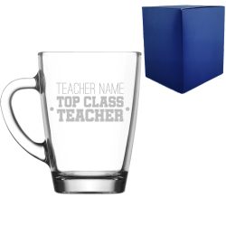 Engraved Teacher Gift Glass Mug with Top Class Teacher Design