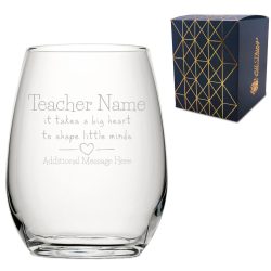 Engraved Teacher Stemless Wine Glass with A Big Heart shapes Little Minds Design