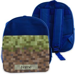 Printed Kids Blue Backpack with Pixel Game Ground Design, Customise with Any Name
