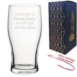 Engraved Pint Glass with Secret Santa Serif Design, Add Message to Reverse